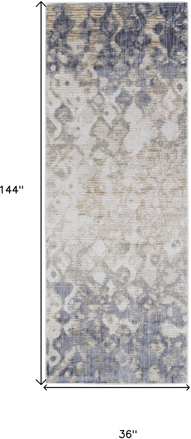 12' Tan Ivory And Blue Abstract Power Loom Distressed Runner Rug Photo 4