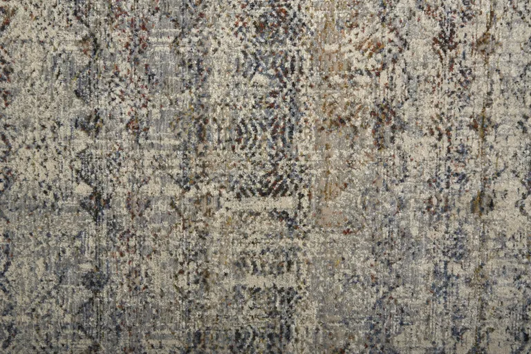 10' Tan Ivory And Blue Geometric Power Loom Distressed Runner Rug With Fringe Photo 5