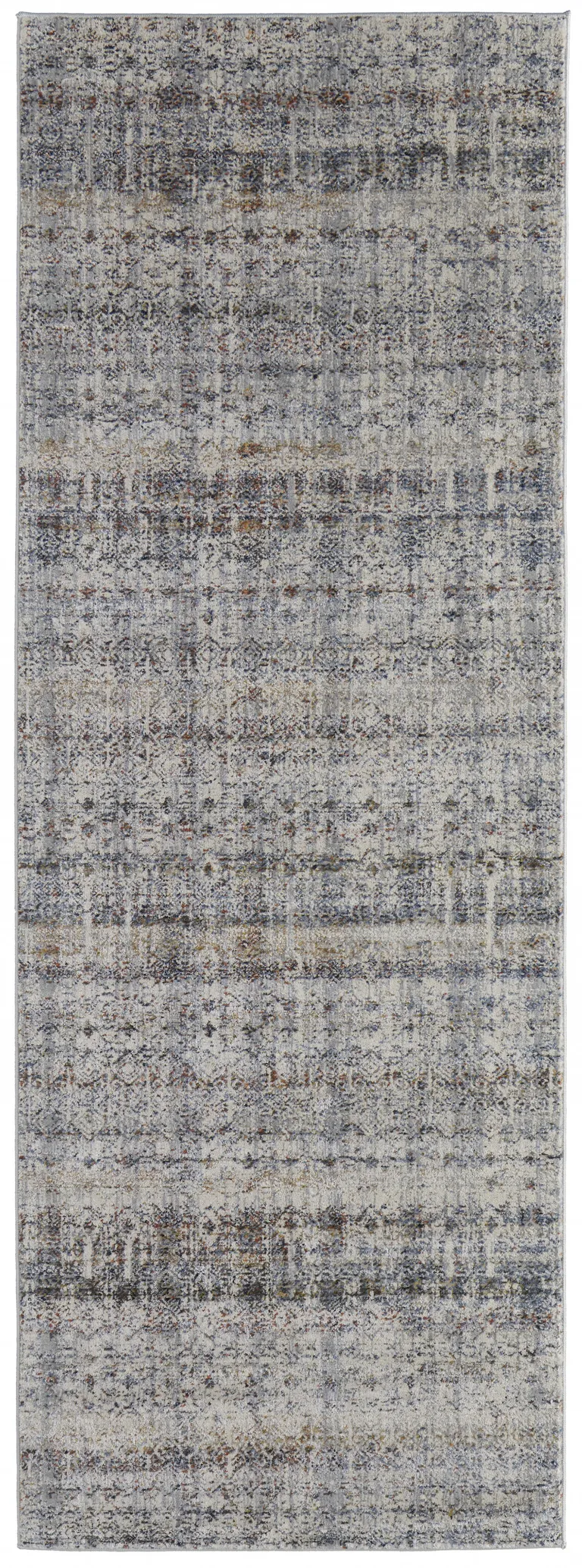 8' Tan Ivory And Blue Geometric Power Loom Distressed Runner Rug With Fringe Photo 2