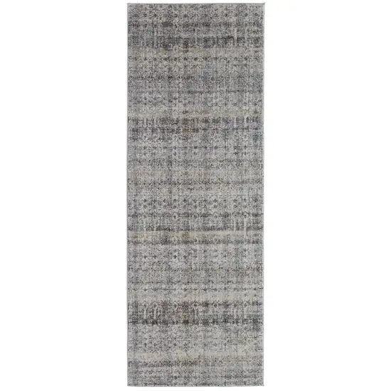 8' Tan Ivory And Blue Geometric Power Loom Distressed Runner Rug With Fringe Photo 1