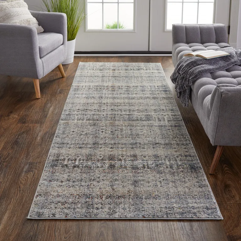 8' Tan Ivory And Blue Geometric Power Loom Distressed Runner Rug With Fringe Photo 4