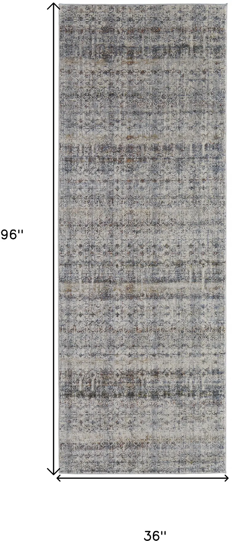 8' Tan Ivory And Blue Geometric Power Loom Distressed Runner Rug With Fringe Photo 1