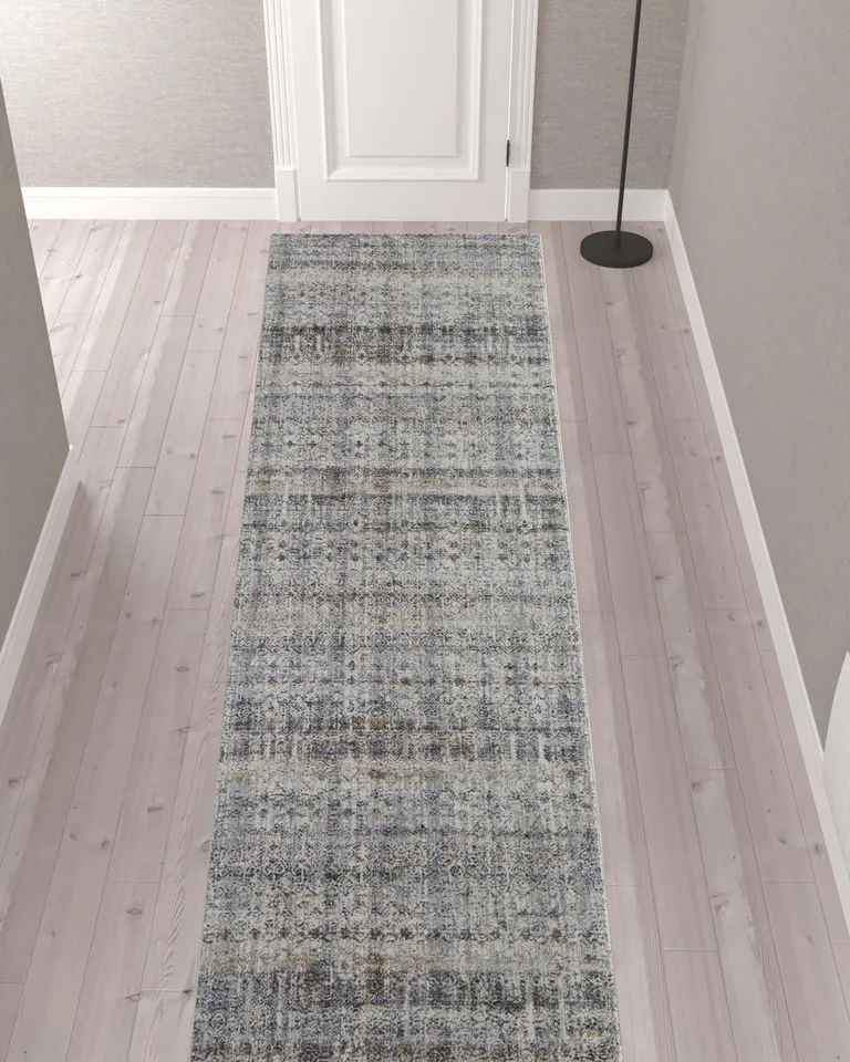 12' Tan Ivory And Blue Geometric Power Loom Distressed Runner Rug With Fringe Photo 2