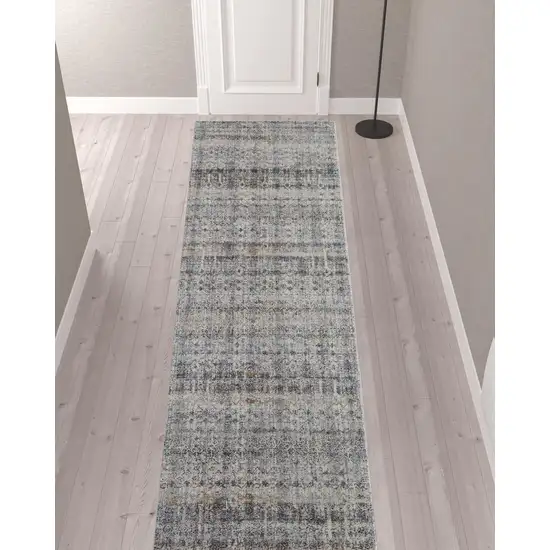 12' Tan Ivory And Blue Geometric Power Loom Distressed Runner Rug With Fringe Photo 2