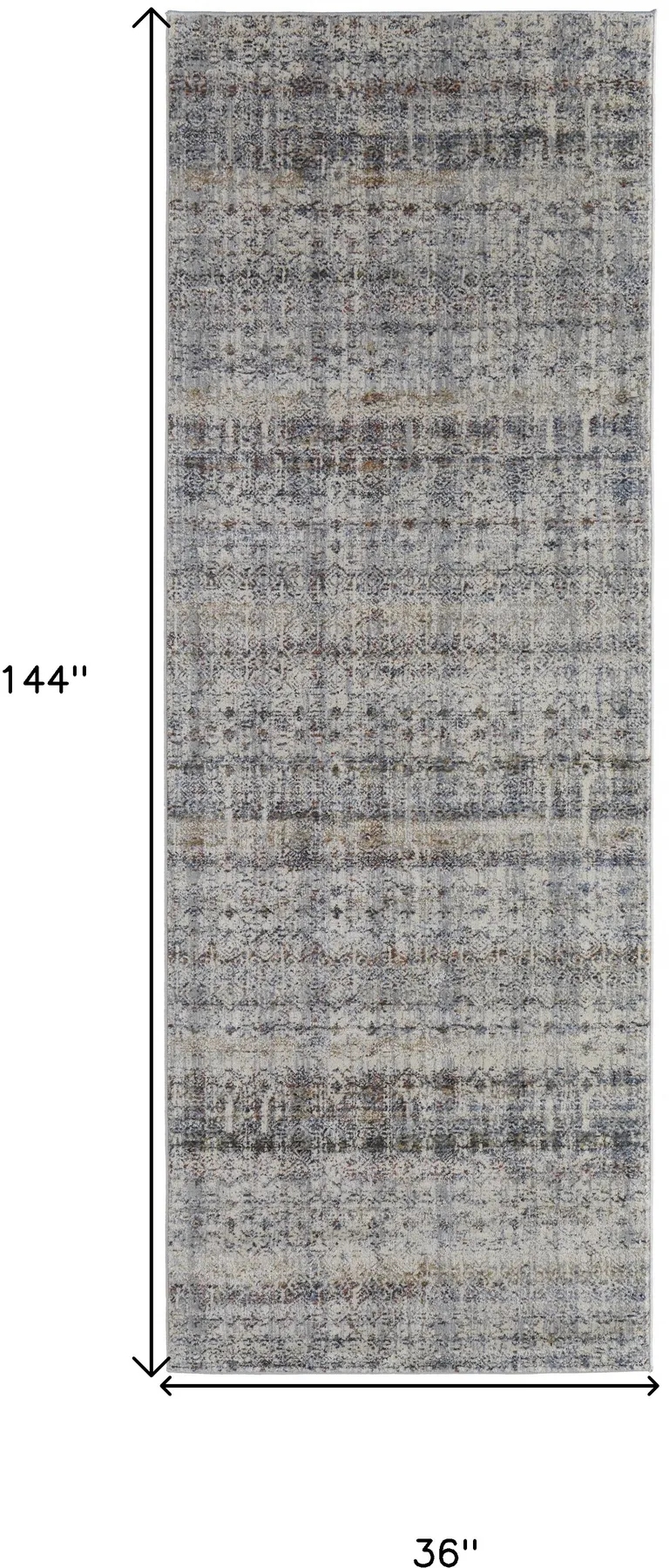 12' Tan Ivory And Blue Geometric Power Loom Distressed Runner Rug With Fringe Photo 4