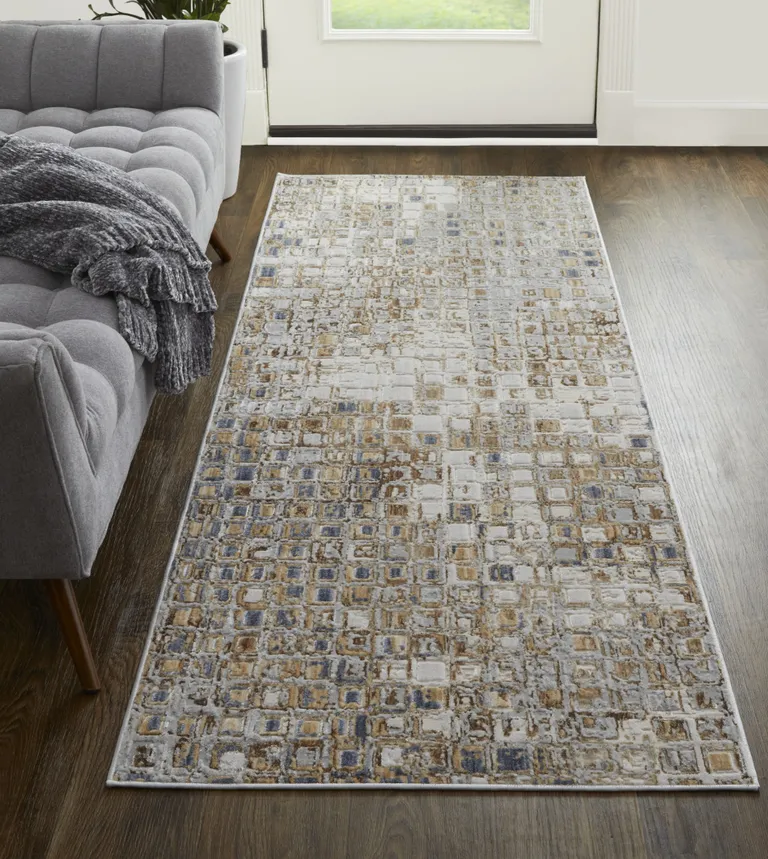 10' Tan Ivory And Blue Geometric Power Loom Distressed Runner Rug Photo 5