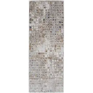 Photo of 10' Tan Ivory And Blue Geometric Power Loom Distressed Runner Rug