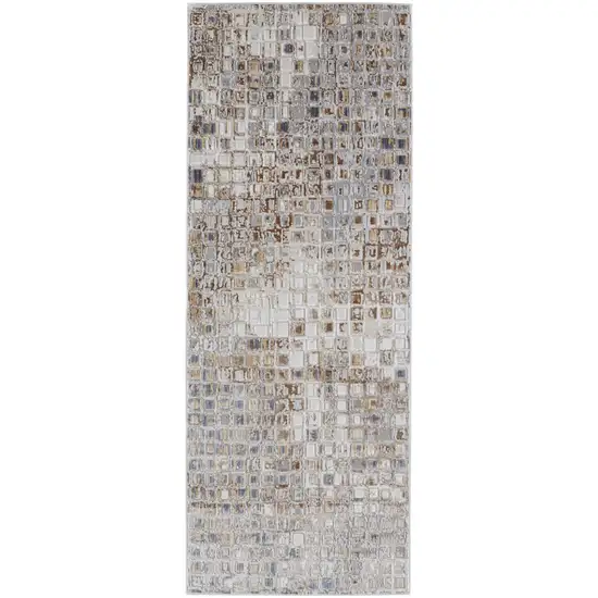 8' Tan Ivory And Blue Geometric Power Loom Distressed Runner Rug Photo 2