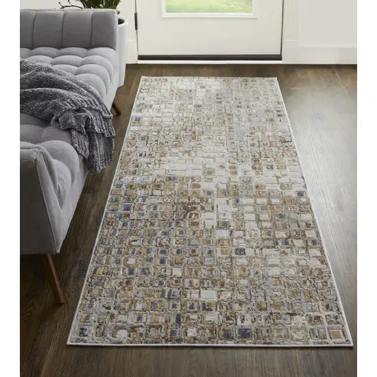 8' Tan Ivory And Blue Geometric Power Loom Distressed Runner Rug Photo 6