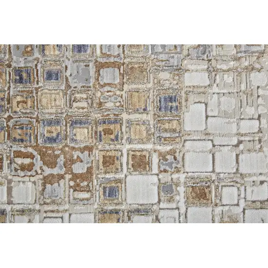 8' Tan Ivory And Blue Geometric Power Loom Distressed Runner Rug Photo 4