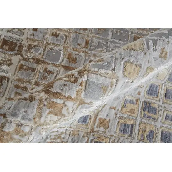 8' Tan Ivory And Blue Geometric Power Loom Distressed Runner Rug Photo 1