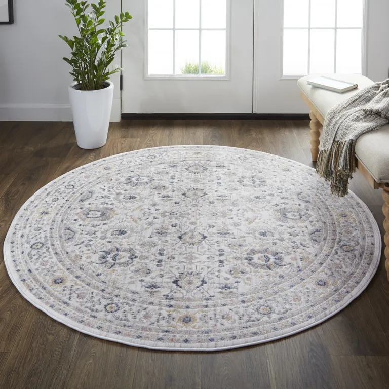 6' Tan Ivory And Blue Round Floral Stain Resistant Area Rug Photo 4