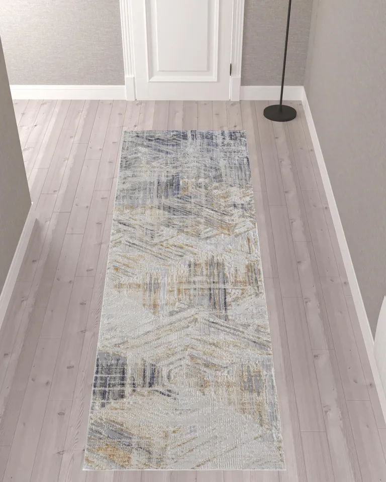 10' Tan Ivory And Gray Abstract Power Loom Distressed Runner Rug Photo 2