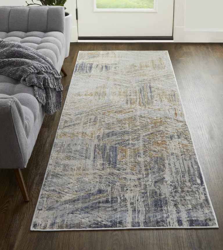 10' Tan Ivory And Gray Abstract Power Loom Distressed Runner Rug Photo 4