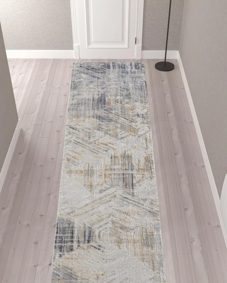 12' Tan Ivory And Gray Abstract Power Loom Distressed Runner Rug Photo 2