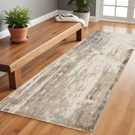 8' Tan Ivory And Gray Abstract Runner Rug Photo 1