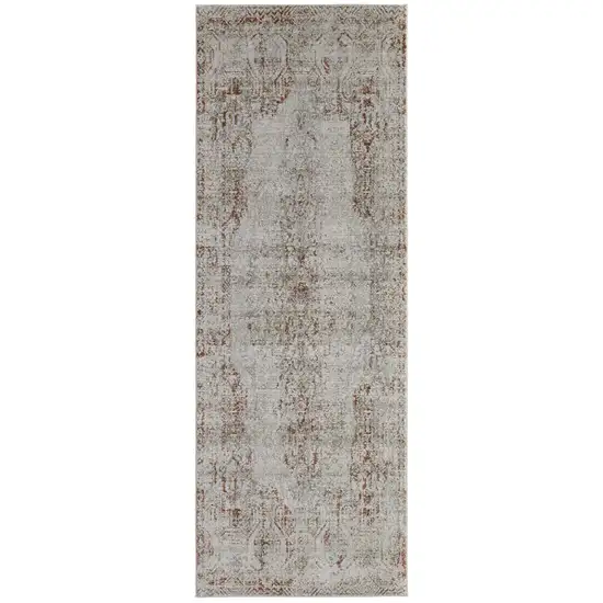 8' Tan Ivory And Orange Floral Power Loom Distressed Runner Rug With Fringe Photo 1