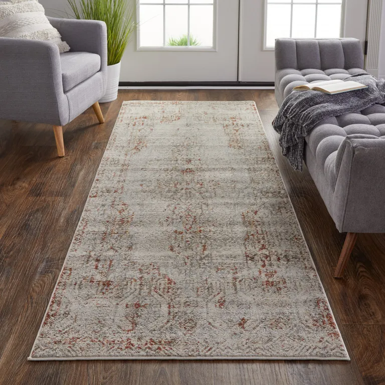 8' Tan Ivory And Orange Floral Power Loom Distressed Runner Rug With Fringe Photo 2