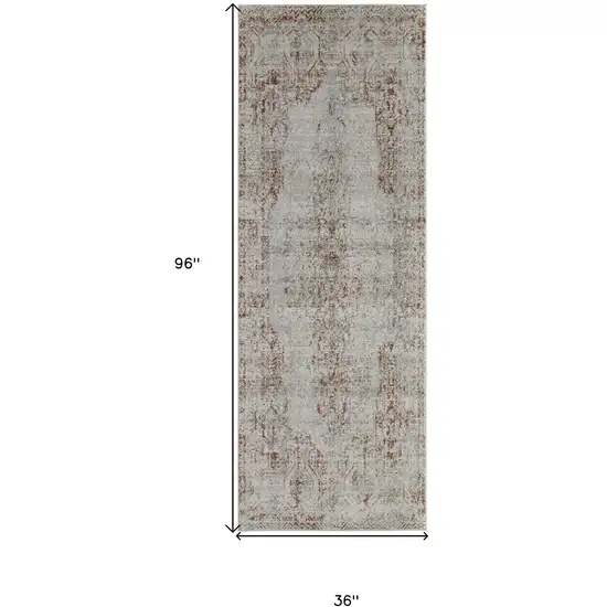 8' Tan Ivory And Orange Floral Power Loom Distressed Runner Rug With Fringe Photo 4