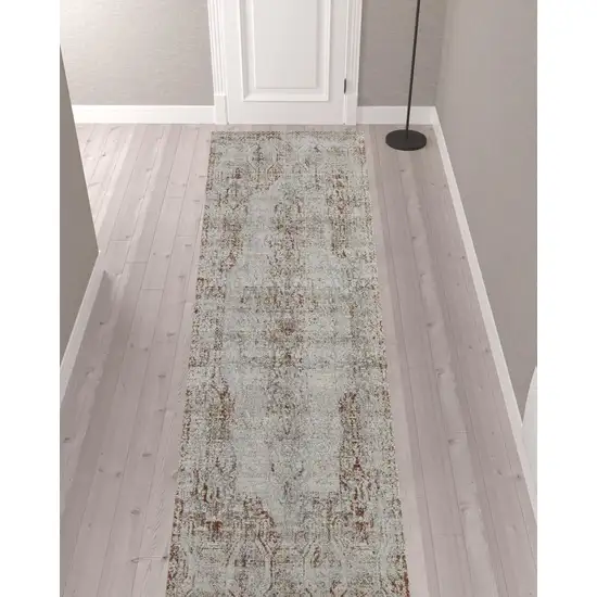 12' Tan Ivory And Orange Floral Power Loom Distressed Runner Rug With Fringe Photo 2