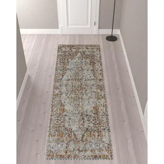 10' Tan Ivory And Orange Floral Power Loom Runner Rug With Fringe Photo 2