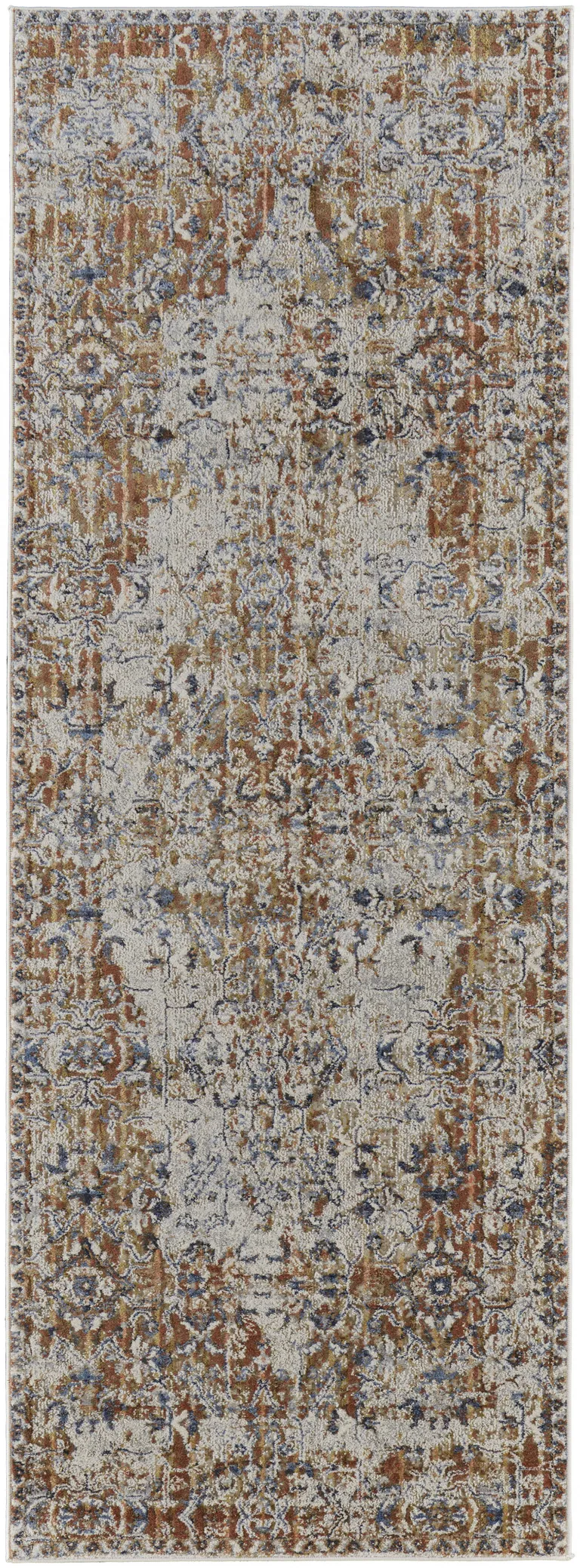 8' Tan Ivory And Orange Floral Power Loom Runner Rug With Fringe Photo 1