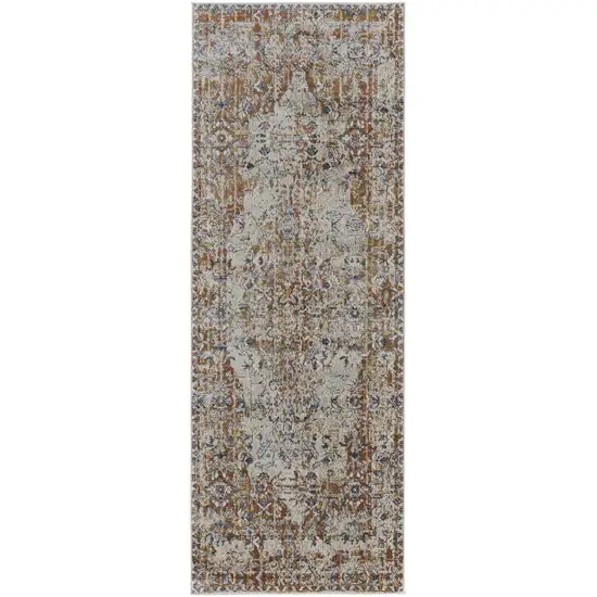 8' Tan Ivory And Orange Floral Power Loom Runner Rug With Fringe Photo 1