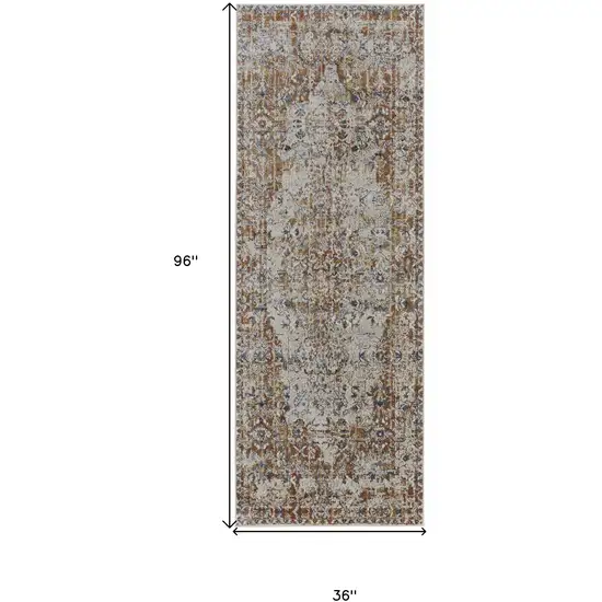 8' Tan Ivory And Orange Floral Power Loom Runner Rug With Fringe Photo 7