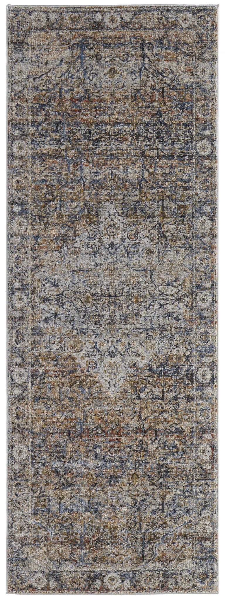 8' Tan Orange And Blue Floral Power Loom Distressed Runner Rug With Fringe Photo 1