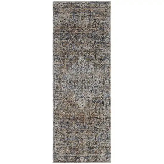 8' Tan Orange And Blue Floral Power Loom Distressed Runner Rug With Fringe Photo 1