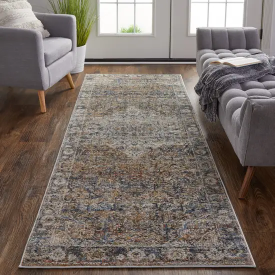 8' Tan Orange And Blue Floral Power Loom Distressed Runner Rug With Fringe Photo 4