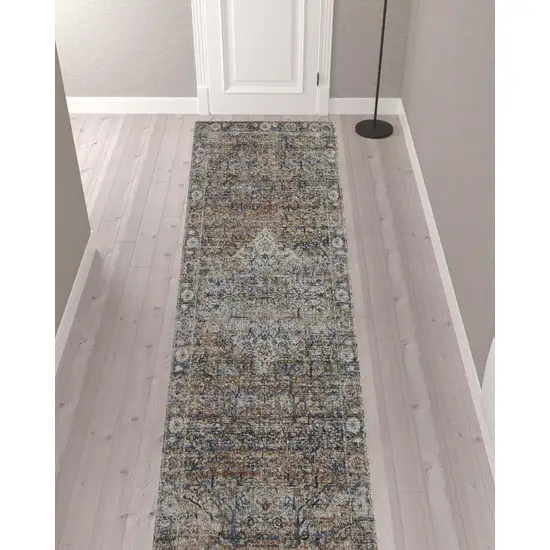 12' Tan Orange And Blue Floral Power Loom Distressed Runner Rug With Fringe Photo 2