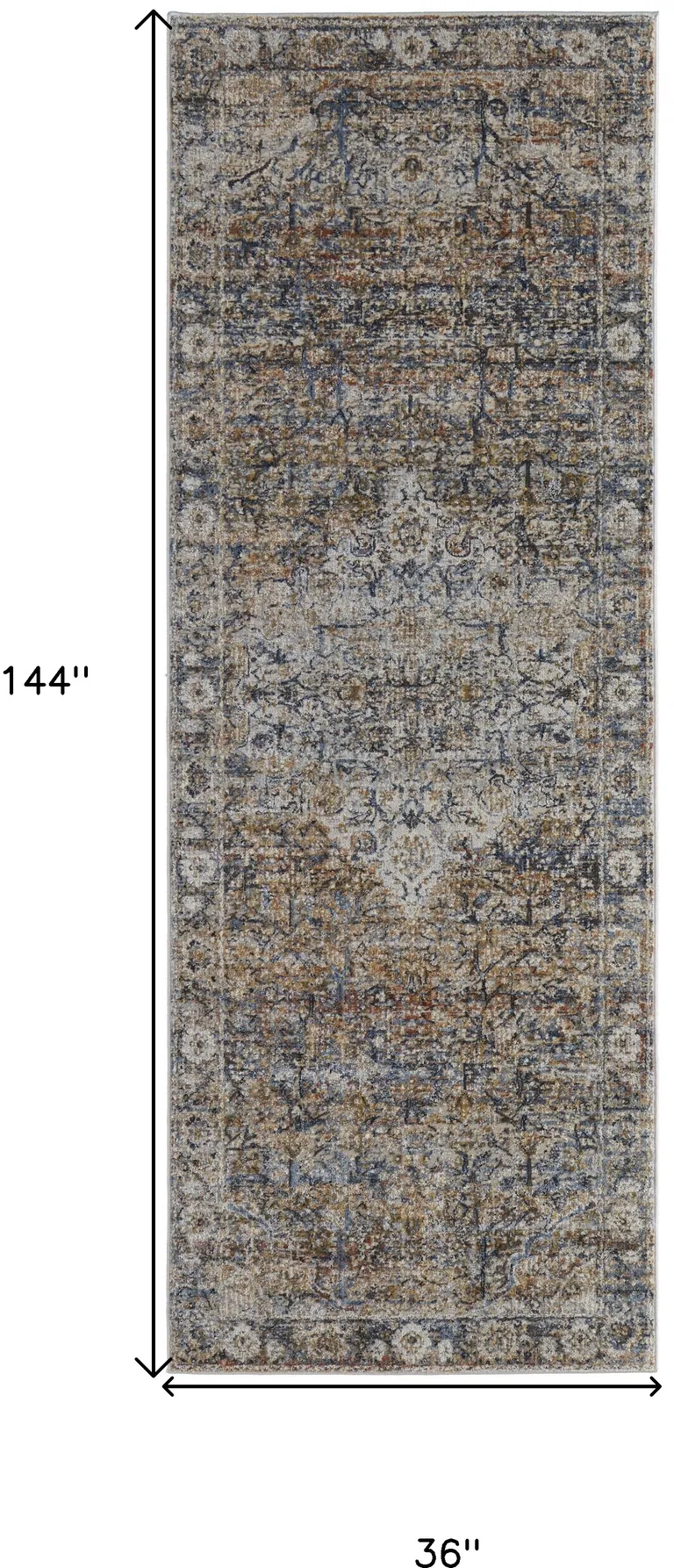 12' Tan Orange And Blue Floral Power Loom Distressed Runner Rug With Fringe Photo 5