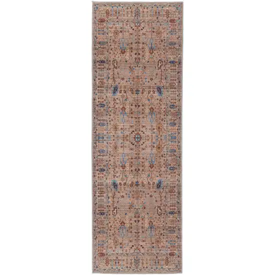 8' Tan Pink And Blue Floral Power Loom Runner Rug Photo 6