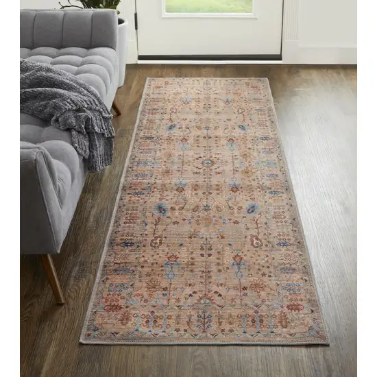 8' Tan Pink And Blue Floral Power Loom Runner Rug Photo 4