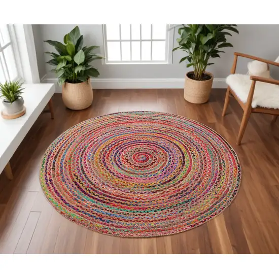 7' Tan Round Geometric Hand Braided Area Rug Photo 1