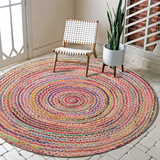 7' Tan Round Geometric Hand Braided Area Rug Photo 5