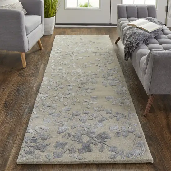 8' Tan Silver And Gray Wool Floral Tufted Handmade Runner Rug Photo 4