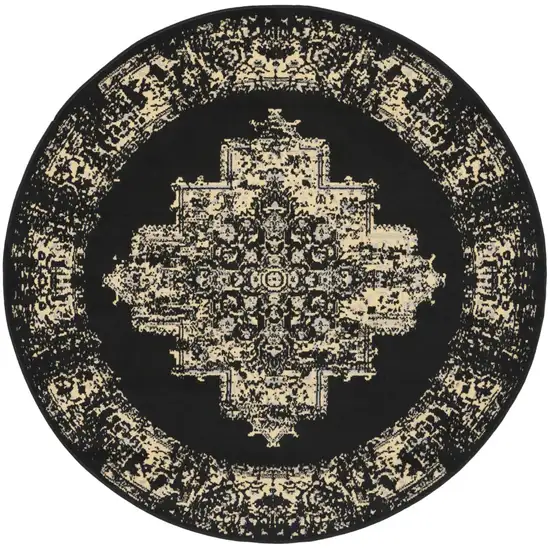 5' Tan and Black Medallion Distressed Non Skid Round Rug Photo 2