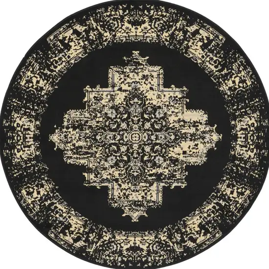 5' Tan and Black Medallion Distressed Non Skid Round Rug Photo 5