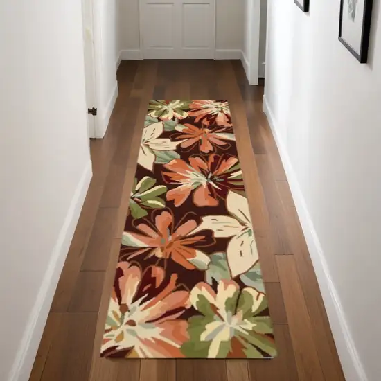 8' Tan and Dark Brown Botanical Leaves Hand Carved Handmade Runner Rug Photo 2