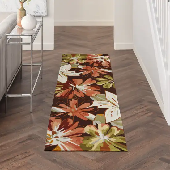 8' Tan and Dark Brown Botanical Leaves Hand Carved Handmade Runner Rug Photo 7