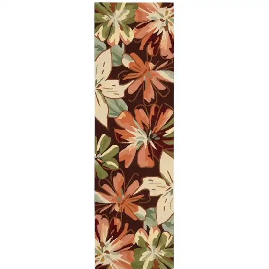 8' Tan and Dark Brown Botanical Leaves Hand Carved Handmade Runner Rug Photo 1