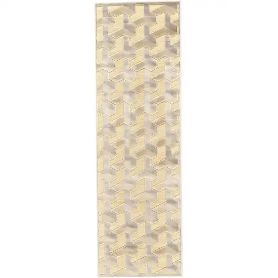 8' Tan and Gray Geometric Power Loom Runner Rug Photo 2