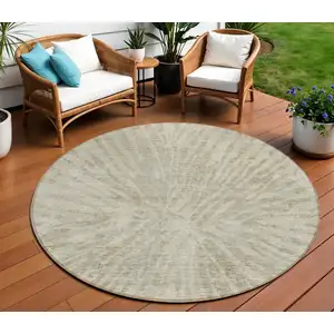 Photo of 8' Taupe And Beige Round Abstract Washable Indoor Outdoor Area Rug