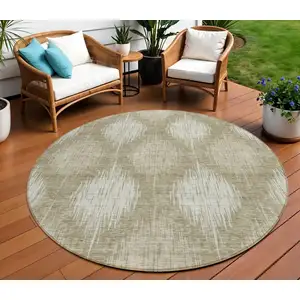 Photo of 8' Taupe And Beige Round Ikat Washable Indoor Outdoor Area Rug