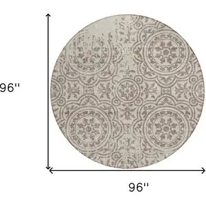 Photo of 8' Taupe And Beige Round Medallion Washable Indoor Outdoor Area Rug