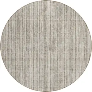 Photo of 8' Taupe And Beige Round Striped Washable Indoor Outdoor Area Rug