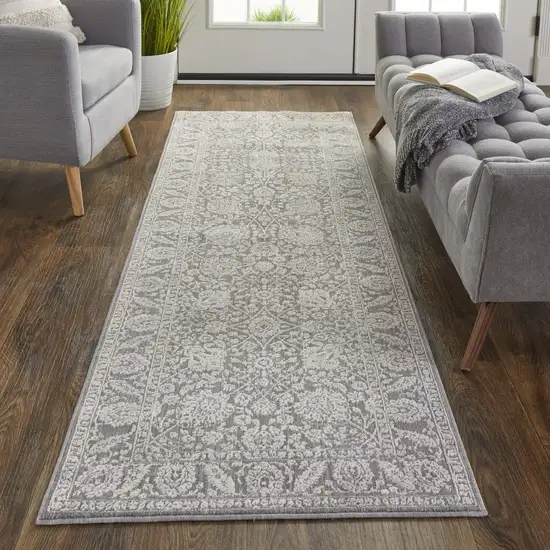 8' Taupe And Ivory Floral Power Loom Runner Rug Photo 4