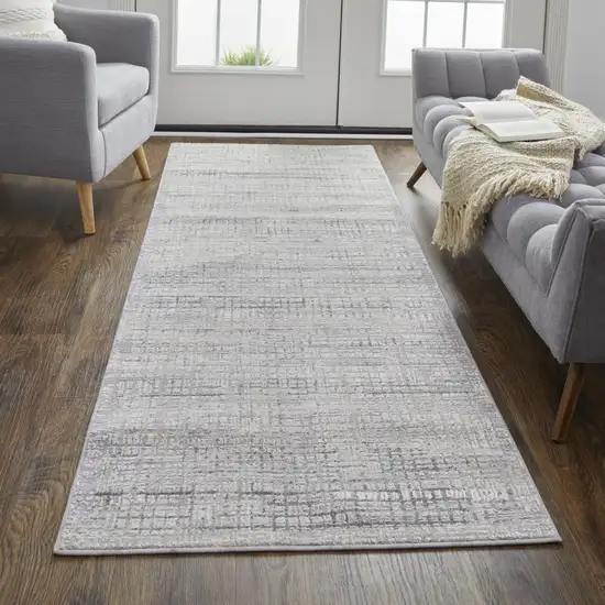 8' Taupe And Ivory Plaid Power Loom Distressed Stain Resistant Runner Rug Photo 1